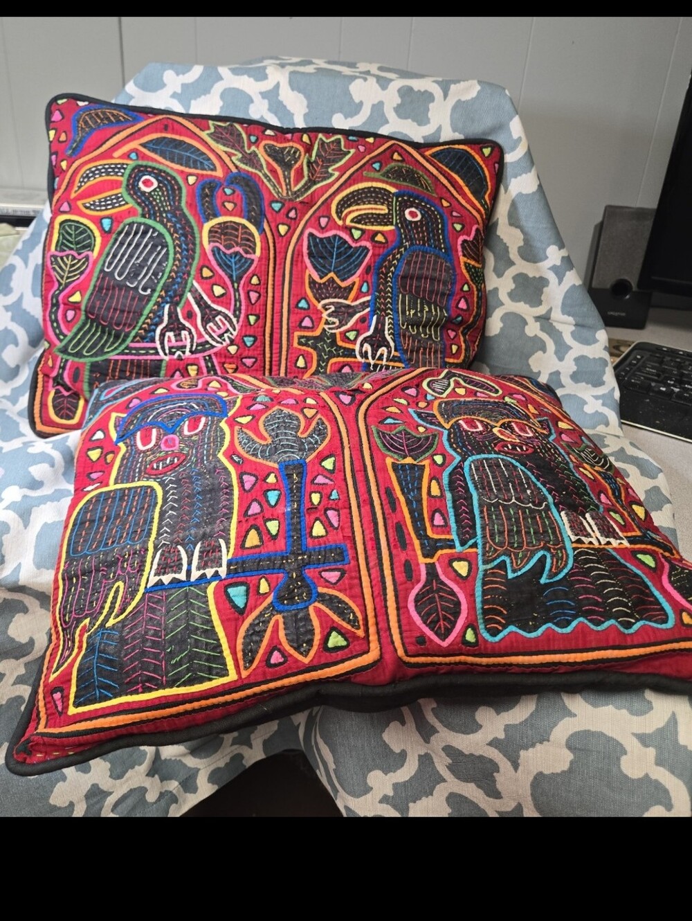 Pair of Vintage animal design mola kuna  folk art  throw pillows